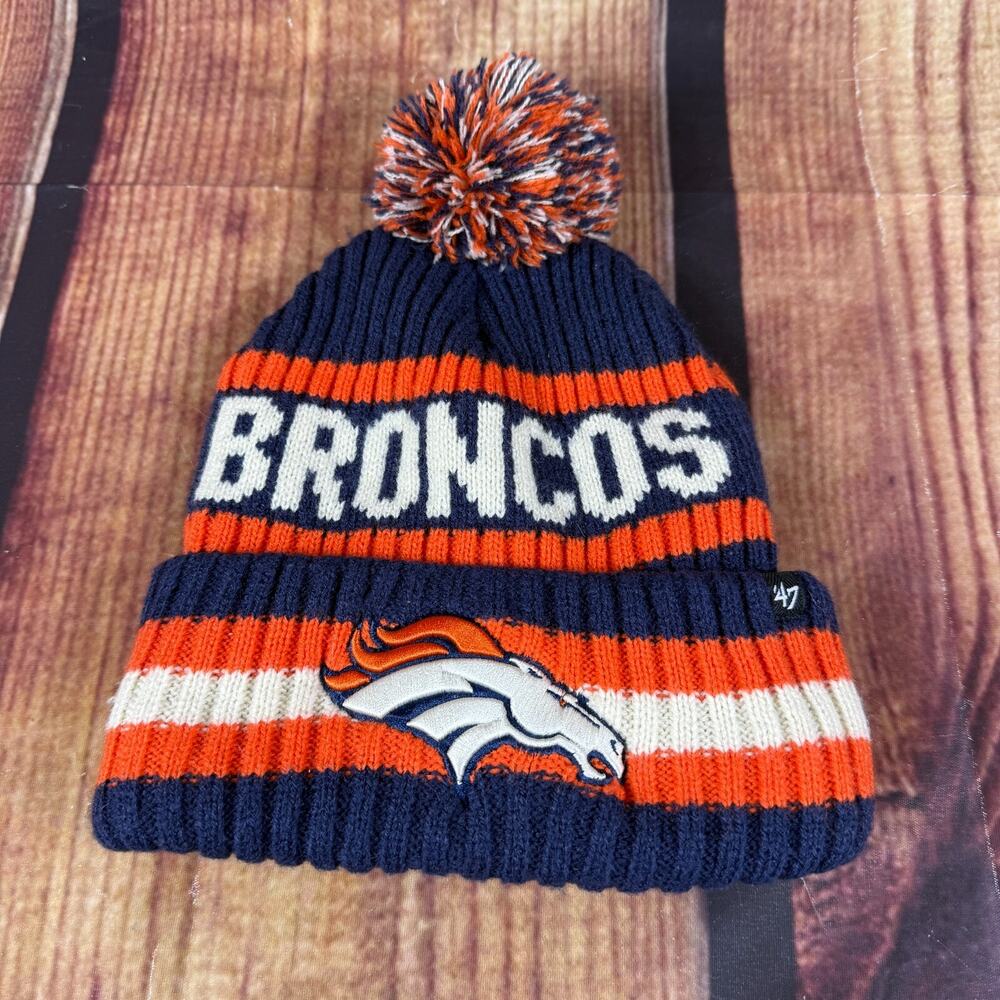 Denver Broncos NFL 47 Brand Men Blue Orange Cuffed Pom Knit Beanie Fold Over
